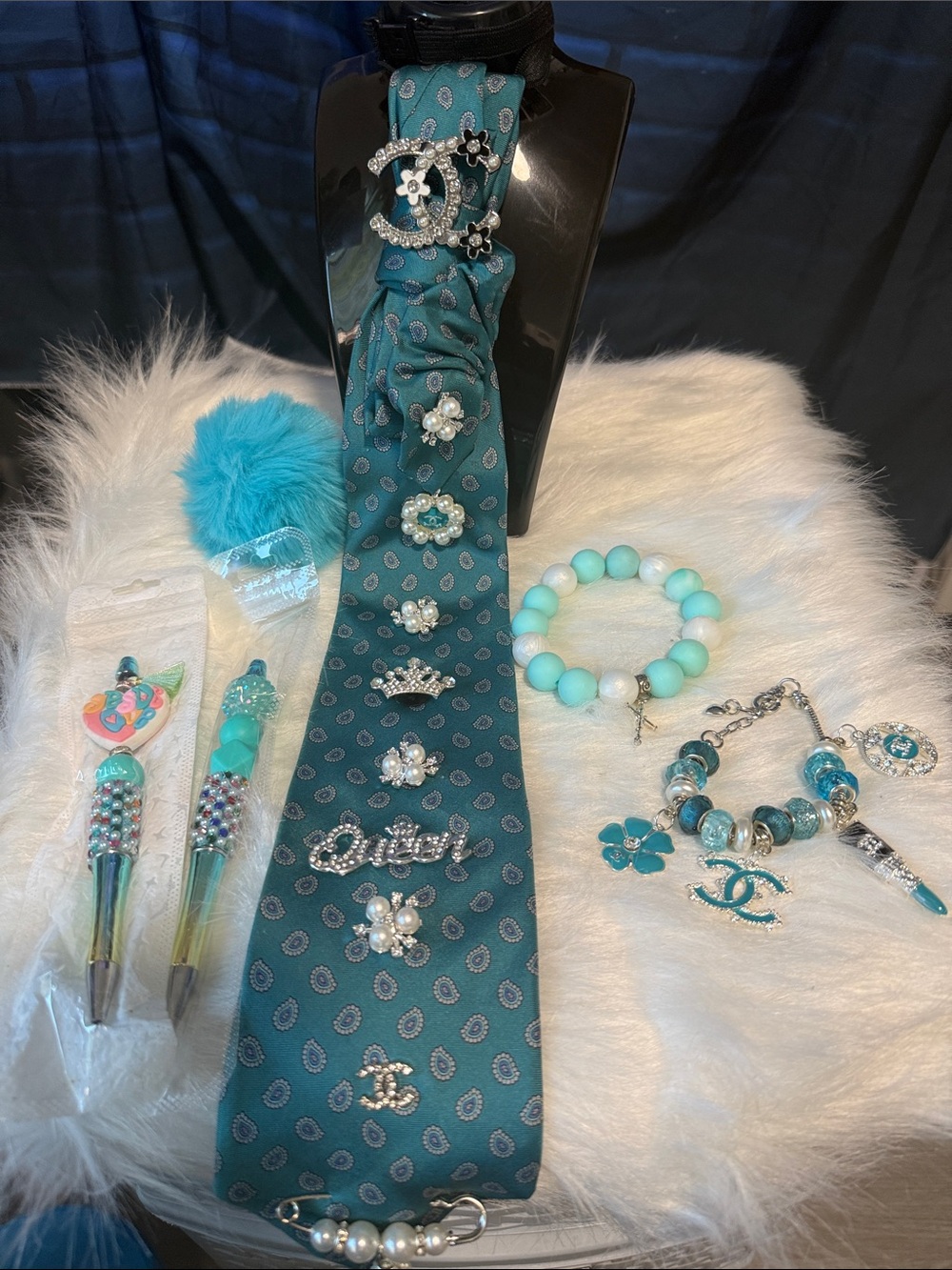 Junk Tie Teal Accessory Set with Charm Tie and Bracelets
